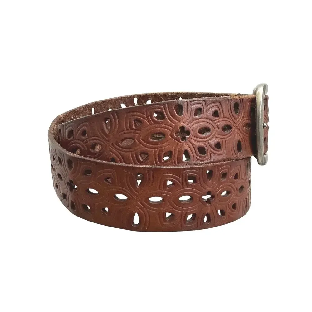 Fossil Western Floral Geometric Embossed Laser Cut Brown Leather Belt Size M